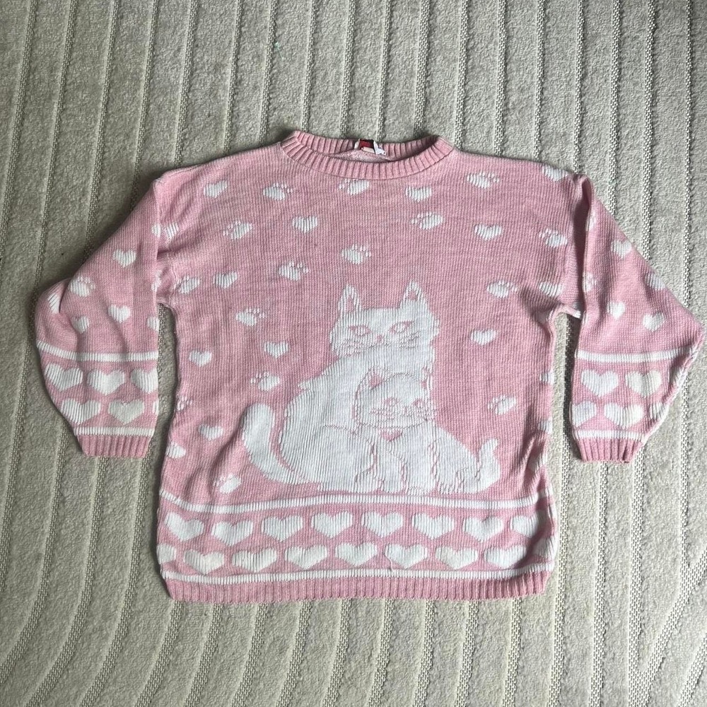 VTG 80s Pink cat hearts paw prints sweater size XL Kawaii Coquette Cottage
